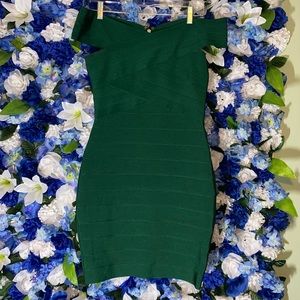 AKIRA Dark Green Bandage Off-The Shoulder Dress